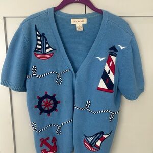 Blue Nautical Grandma Coastal Cardigan with Embroidered Details